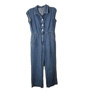Free People Jumpsuit Blue Denim Cap Sleeve Button Up Front Size 6